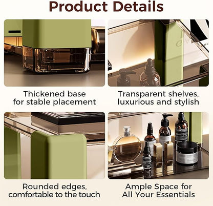 2-Tier Modern Minimalist Display Shelf, Multi-Purpose Organizer for Makeup,Perfume, Mugs, Figures, Clear Desktop Storage with Sturdy Frame for Bathroom, Kitchen, Office, and Home Decor Green