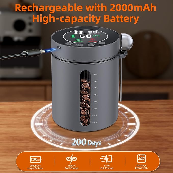 Automatic Vacuum Coffee Canister, 1.3L Airtight Food Storage Containers with Smart Pressure Sensor, Electric Coffee Bean Container Rechargeable with LED Display Window for Home Kitchen Food Storage