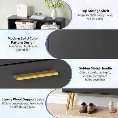 Shoe Cabinet Storage for Entryway, White Shoe Organizer with 2 Flip Drawers & Open Shelf, Freestanding Hidden Large Shoe Storage Cabinet (1pc-Black, 2 Flip Drawers with Shelf)