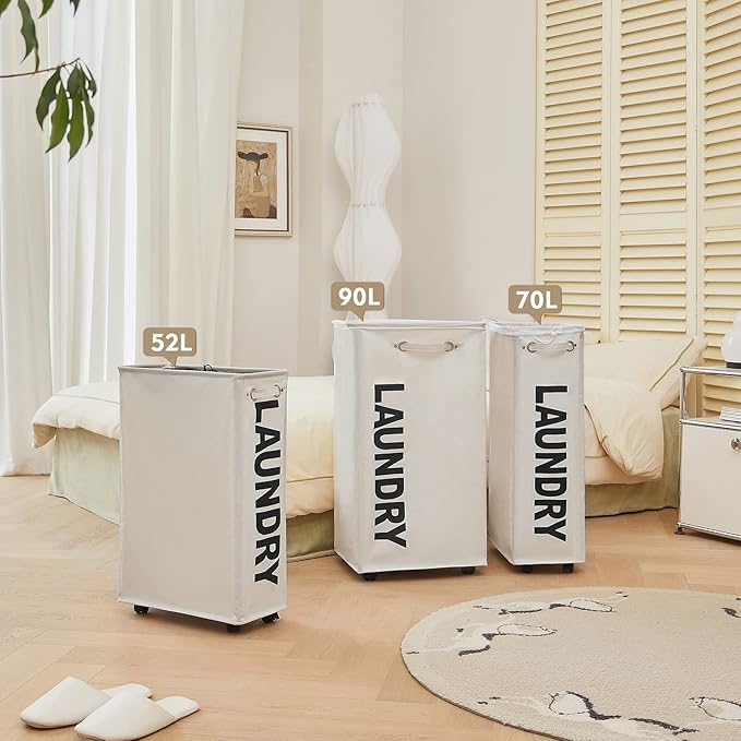 DOKEHOM 25-Inches Slim Laundry Basket on Wheels, Collapsible Rolling Laundry Hamper, Foldable Narrow Corner Clothes Storage Bins (Beige)