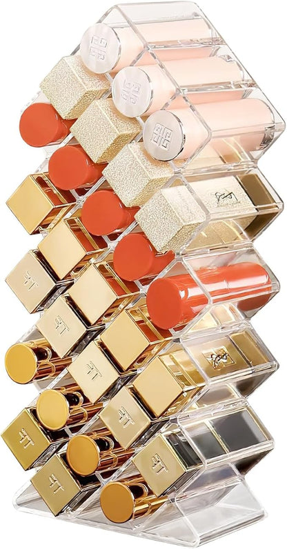 Acrylic Lipstick Holder, Clear Perfume Organier 28 Slots, Lip Gloss Organier, Stackable Fish Shape Lipstick Tower, Display Case for Mini Rollerball Perfume