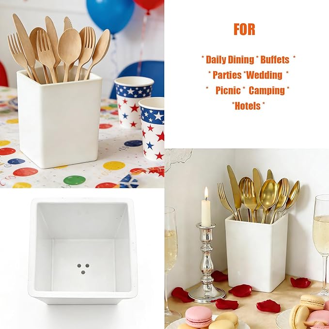 Resin Utensil Caddy,Silverware Caddy with Drain Holes, White Spoon Holder Silverware Caddy Cutlery Holder,for Party Camping Picnic, Kitchen Counter, Office