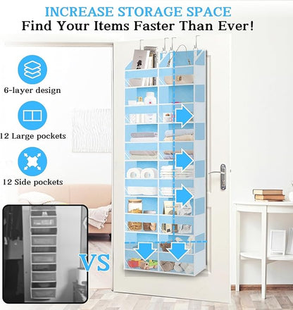 Over The Door Organizer 6 Tiers, Extra Large Behind Door Storage of 12 Compartments, 80 lbs Weight Capacity Hanging Storage Organizer with Clear Window Kids Toys,Shoes,Diapers,Room Storage,Blue
