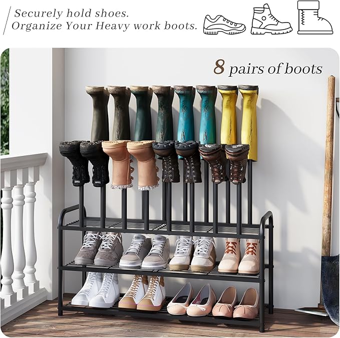 Kitsanery Shoe Rack - 3-Tier Metal Boot Rack Organizer for Entryway, Closet & Garage, Free Standing Shoe Shelf for Storage Tall Boots, Sneakers, Cowboy Boots, Black (Large - 8 Pairs)