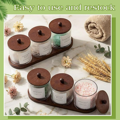Vesici 6 Pack Bathroom Canisters Ribbed Apothecary Jars with Bamboo Lids 2 Bamboo Trays and 9 Label Stickers Cotton Swabs Holder Bathroom Organizer Storage Set Acrylic 18 oz Dispenser Container(Brown)