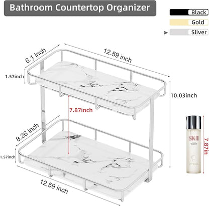 Bathroom Organizer Countertop Perfume Organizer Makeup Organizer Cosmetics Storage Display Rack Vanity Tray Dresser Stainless Steel Gold Shelf White Marble Ceramic Tray