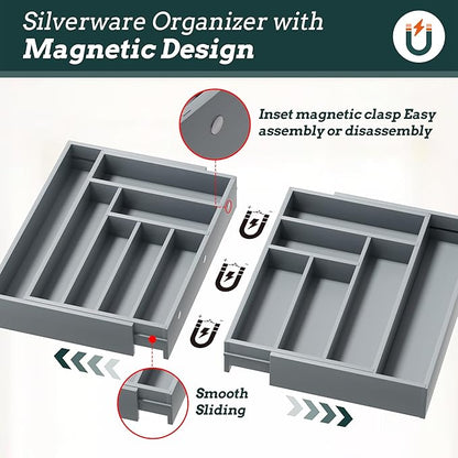 Silverware Organizer Large, Magnetic Connected Expandable 13 Slots Silverware Drawer Organizer from 21 to 37.4 Inches, Adjustable Flatware and Cutlery Holder, Bamboo Utensil Tray for Kitchen Gray
