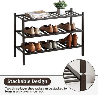 Shoe Rack, 3-Tier Bamboo Stackable Shoe Shelf Storage Organizer, Shoe Stand for Closet, Entryway and Hallway