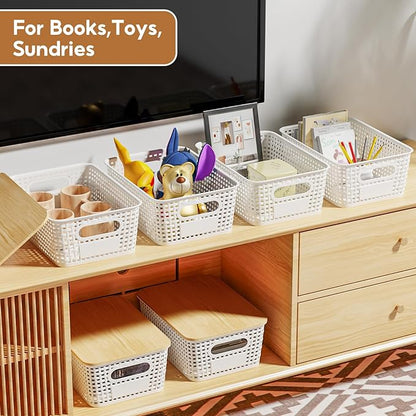 8 Pcs Plastic Storage Bins with Bamboo Lids and Labels 5.29qt Stackable Box Basket Pantry Decorative Containers, Small Storage Baskets for Desktop Shelves Drawers Closets Office Cabinets 10*7.2*4.1"