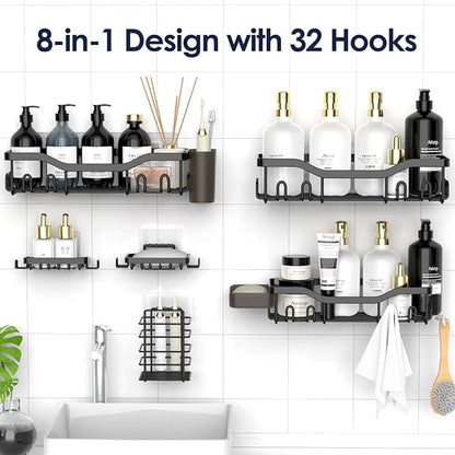 NESOMI Shower Caddy Adhesive Shower Organizer 8-Pack, Rustproof Stainless Steel Bathroom Shelves, Large Capacity No-Drill Rack Storage Accessories with Soap Dish Toothbrush Holder Hooks