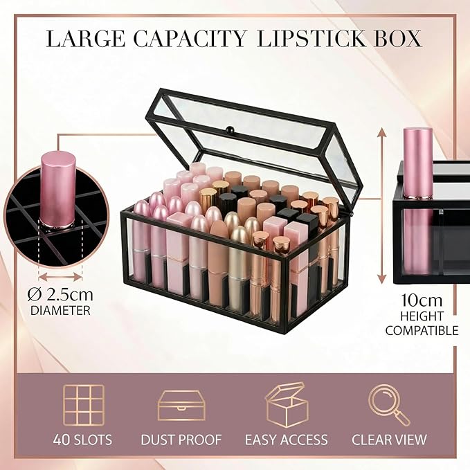 40 Lipsticks Organizer with Lid, Glass Display Box Fits Large Perfume & Skincare, Easy-Access Organiser for Vanity Countertop, Multifunctional Display Box in Any Rooms