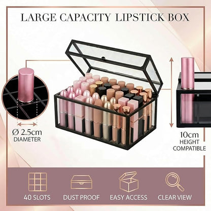 40 Lipsticks Organizer with Lid, Glass Display Box Fits Large Perfume & Skincare, Easy-Access Organiser for Vanity Countertop, Multifunctional Display Box in Any Rooms