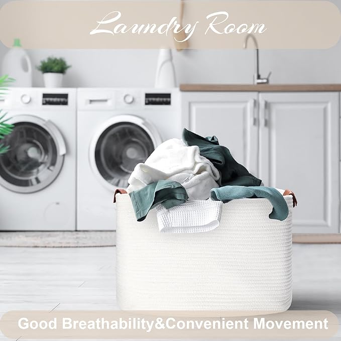 Large Cotton Rope Storage Basket with Leather Handles, Laundry Hamper Basket, 20 "L x 14" W x 12 "H, Durable & Stylish Organizer for Home.(Large White)