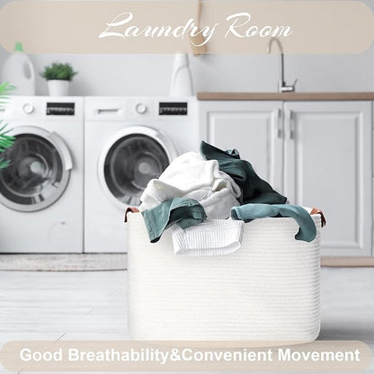 Large Cotton Rope Storage Basket with Leather Handles, Laundry Hamper Basket, 20 "L x 14" W x 12 "H, Durable & Stylish Organizer for Home.(Large White)