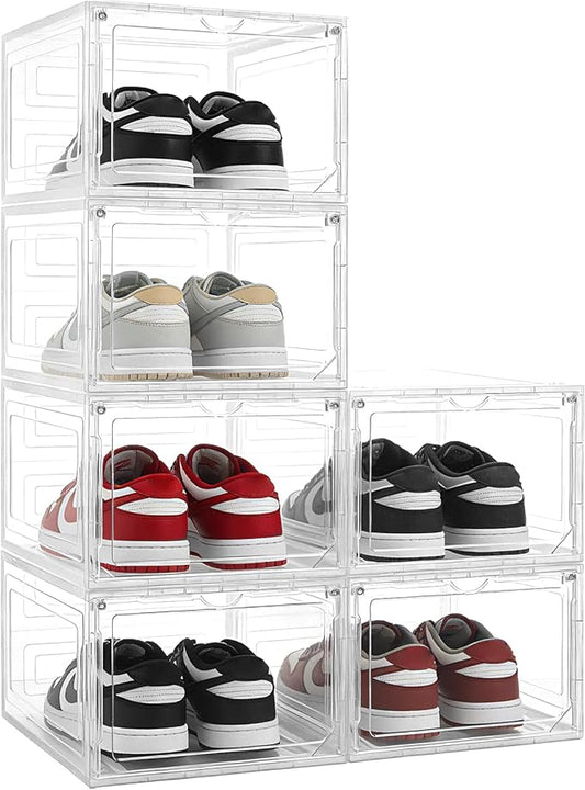 X-Large Shoe Storage Boxes Organizers Clear Plastic 6 Pack, Shoe Rack & Holder Sneaker Container with Magnetic Doors - Display Case Fit Size 12, Easy Assembly