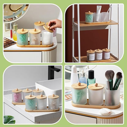 Chengu 6 Pack Cotton Swab Holder with Bamboo Lids and Trays and Labels Glass Round Swab Dispenser Cotton Ball Holder Glass Apothecary Jars Floss Pick Containers Bathroom Organizers (White)
