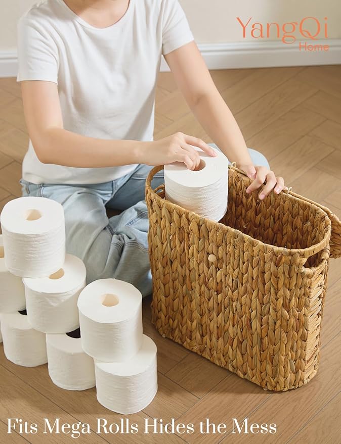 YANGQIHOME Toilet Paper Storage, Water Hyacinth Toilet Paper Storage with Lid, Papers Container for up to 9 Mega Rolls, Bathroom Basket Organizer