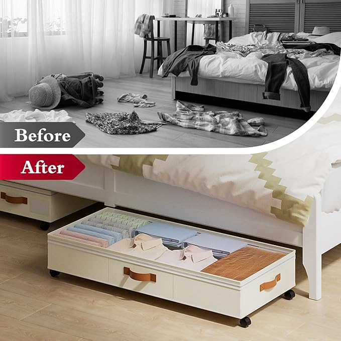 Yecaye Under Bed Storage with Wheels, 65L Under Bed Storage Containers with Adjustable Dividers & Clear Lid, Rolling Underbed Organizer Bins Drawer for Clothes, Shoes, Blankets, 2 Pack
