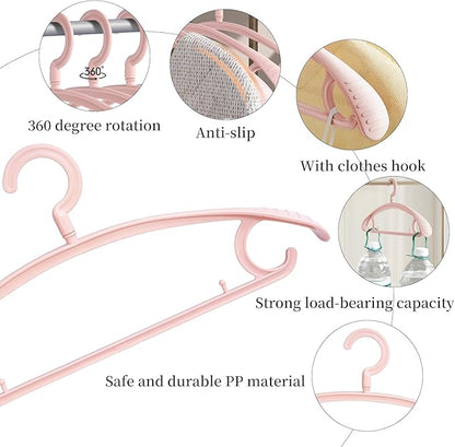 Plastic Clothes Hanger, Extra Thick Plastic Wide Shoulder Adult 360 Degrees Rotate Slip Resistant Standard Clothing Hanger Ideal for Everyday Use Pink 10 Pack