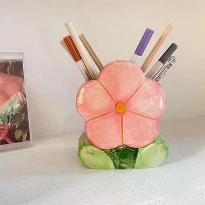 1 PC Flower Makeup Storage Box Ceramic Blossom Five Petals Pen Holder Pen Holder Desktop Storage Box (Pink)
