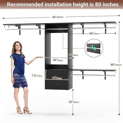 96 Hanging Closet System with 2 Wooden Drawers, 75"–87" Height Adjustable Closet Organizer System with Tower, 4-8FT Custom Closet Shelving System, Wall-Mounted Walk-In Closets Wardrobe, Black