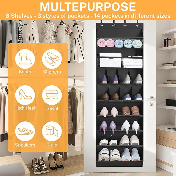 Over The Door Shoe Organizer - Heavy Duty 14-Pocket Hanging Shoe Organizer with Large-Deep Pockets for Boots/Sneakers, Space-Saving Behind Door Storage for Closet, Nursery, RV, Dorm (Black)