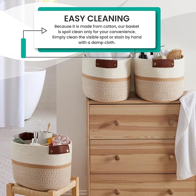 3 Pack Cotton Rope Storage Basket Woven Shelf Storage Bin with Faux Leather Handles, Decorative Closet Shelf Woven Basket for Storage Organizers, 15 x 10 x 9, White/Brown