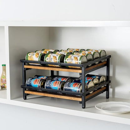 MyGift 2-Tier Can Holder for Pantry, Canned Goods Organizer, Countertop Soup Can Storage Dispenser Rack, Holds 10 to 15 oz Can Sizes, Urban Industrial Matte Black Metal and Rustic Burnt Solid Wood