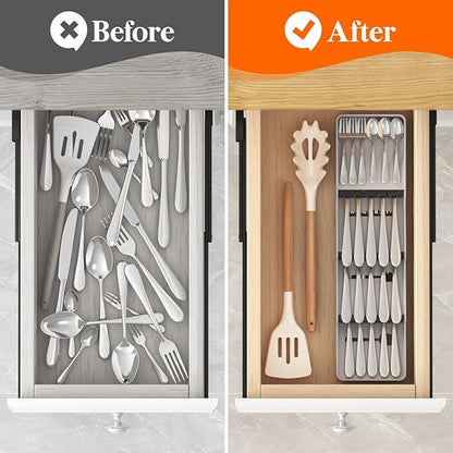 Lifewit Small Flatware Drawer Organizer, Compact Narrow Silverware Tray for Kitchen Drawers, Plastic Cutlery Holder for Spoons, Forks, Knives – Fits Small & Slim Kitchen Drawers, Gray