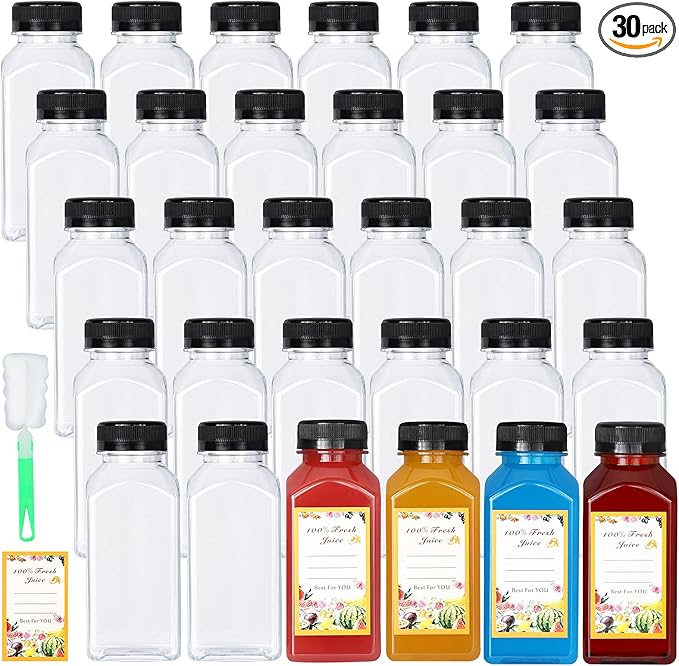 DANALLAN 30 Pack 8oz Empty Plastic Bottles with Leak-Proof Caps Food Grade Recyclable Bulk Beverage Containers Clear PET Bottles for Homemade Juice, Smoothie, Milk and Drinks