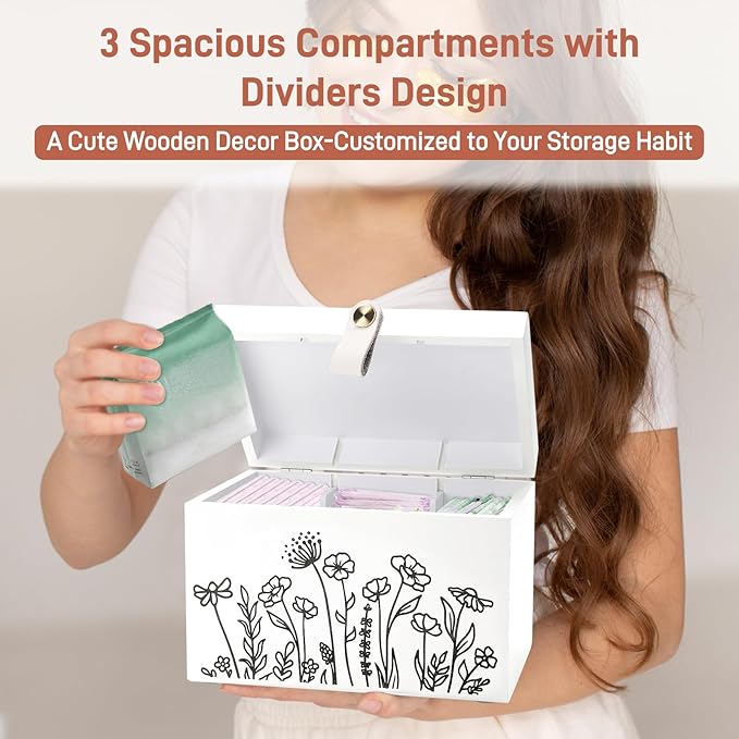 100% Solid Wood Tampon Holder Box with Lid, Copper Leather Pull, Absolute Real Wood Bathroom Decorative Box for Feminine Product Storage and Accessories such as Tampons, Cotton Balls, Gifts for Women