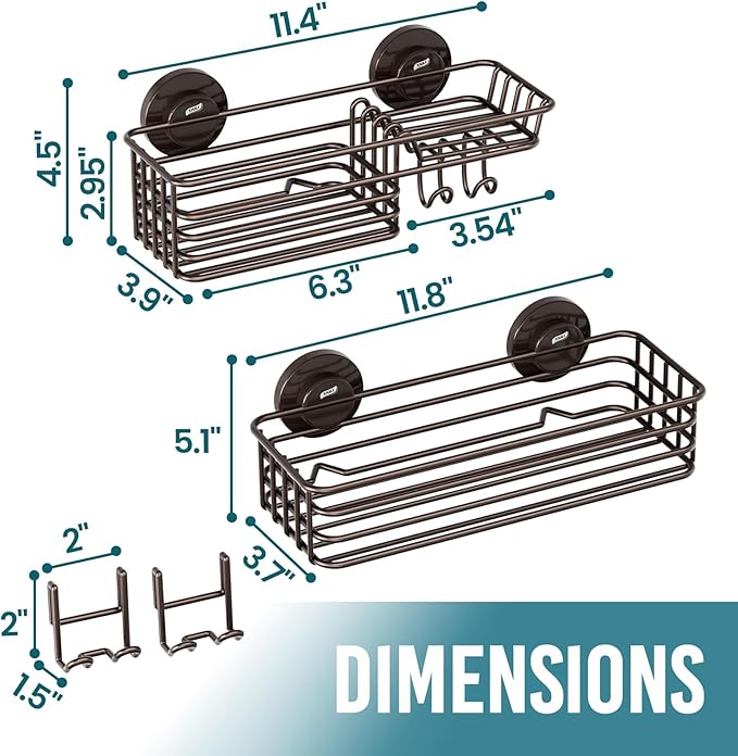 TAILI Shower Caddy Suction Cup 2 Pack with Hooks & Soap Holder, No Drilling Bathroom Organizer with Large Capacity, Heavy Duty Shower Organizer for Bathroom,Metal Storage Basket-Brown