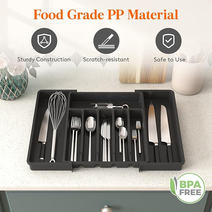 Lifewit Silverware Drawer Organizer, Expandable Utensil Tray for Kitchen, BPA Free Flatware and Cutlery Holder, Adjustable Plastic Storage for Spoons Forks Knives, 33 -57 x 42cm, Black