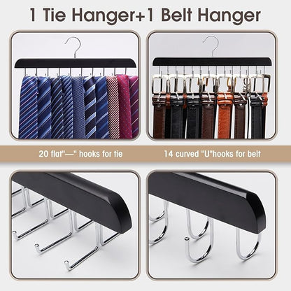 Wooden Tie Rack & Belt Holder 2 Pack, 20-Hook Necktie Hanger & 14-Hook Belt Organizer, Space Saving Multi Functional Closet Storage for Men