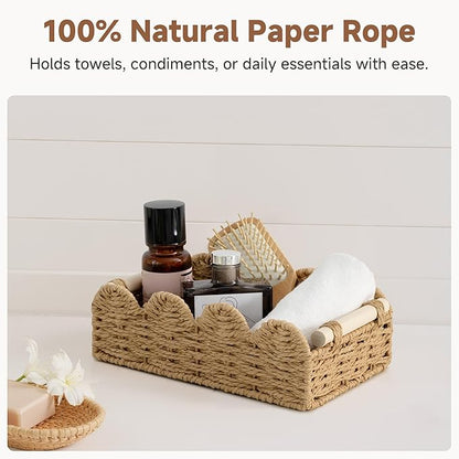 StorageWorks Toilet Paper Storage Basket 2 Pack, Toilet Basket with Wooden Handles, Small Wicker Decorative Scalloped Baskets for Organizing, Living Room, Shelves, Brown Rope Baskets