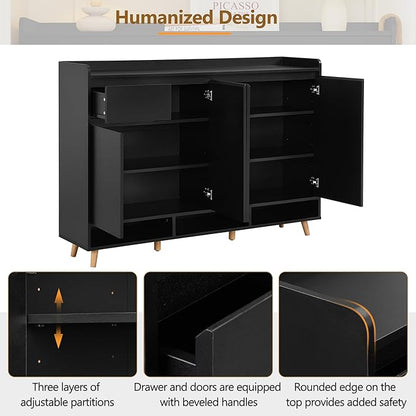 JIVOIT Shoe Cabinet with Adjustable Shelves, Drawer, Sleek and Contemporary Shoe Rack with Solid Wood Legs, Minimalist Home Organizer Storage Sideboard for Entryway, Living Room (Black,167)