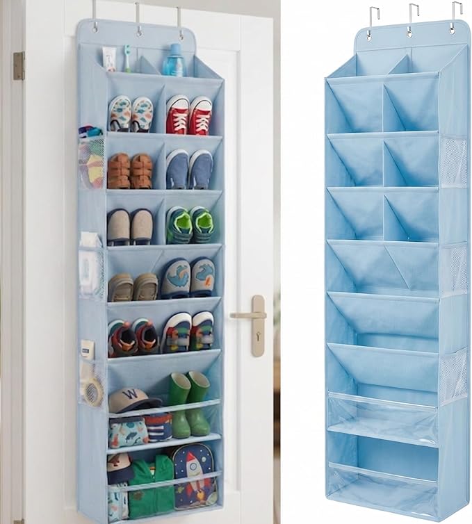 HOMELUX THEORY 8 Tiers Over The Door Shoe Organizer - 100D Extra Thick Shoe Rack for Closet, 6 Deep Side Pockets Shoe Rack for Entryway & Hanging Shoe Organizer for Closet for Boots (V2, Blue)