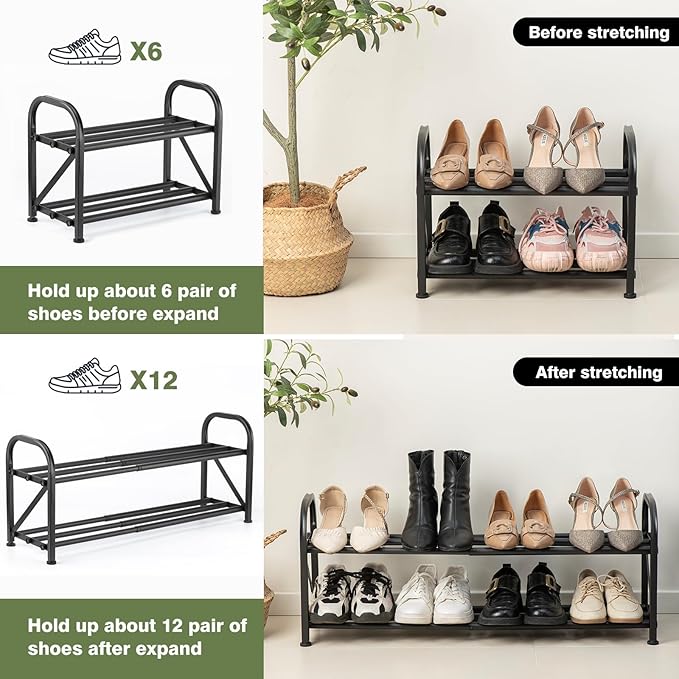 2-Tier Shoe Rack for Closet, 16"-32" Expandable ShoeRack, Adjustable for Entryway Closet Doorway SturdyMetal, Black