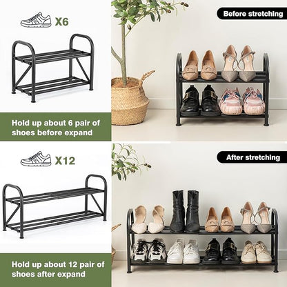 2-Tier Shoe Rack for Closet, 16"-32" Expandable ShoeRack, Adjustable for Entryway Closet Doorway SturdyMetal, Black
