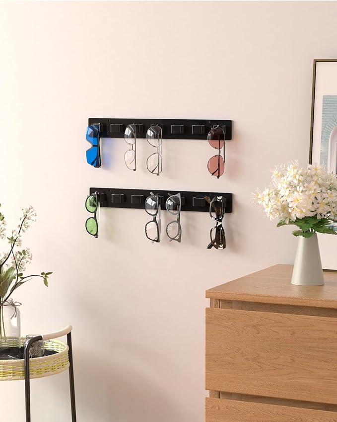 MaxGear Sunglasses Organizer Wall Mount, 2-Pack Acrylic Eyewear Display Holder with 14 Slots, Sunglasses Storage, Includes Adhesive Tape & Screws, Black Wall Mounted Shelf for Closet, Cabinet, Door