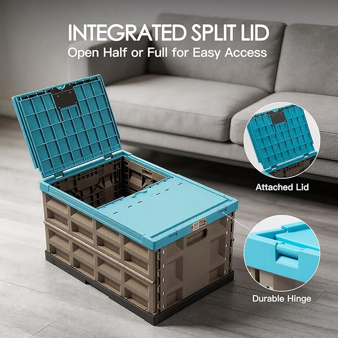 2 Pack Heavy Duty Storage Bins with Lids Attached, 12 Gallon Collapsible and Stackable Plastic Containers - 400 LBS Stacking Strength for Garage, RV, Moving (Blue -45L - Pack of 2)