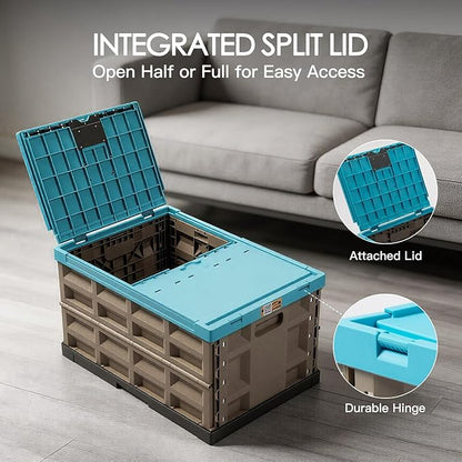 2 Pack Heavy Duty Storage Bins with Lids Attached, 12 Gallon Collapsible and Stackable Plastic Containers - 400 LBS Stacking Strength for Garage, RV, Moving (Blue -45L - Pack of 2)