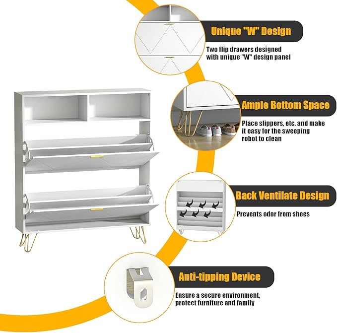 JOZZBY Large Shoe Cabinet for Entryway, 46'' White Narrow Shoe Storage Cabinet with 2 Flip Drawers and Open Shelves, Hidden Wide Freestanding Shoe Rack for Hallway, Set of 2