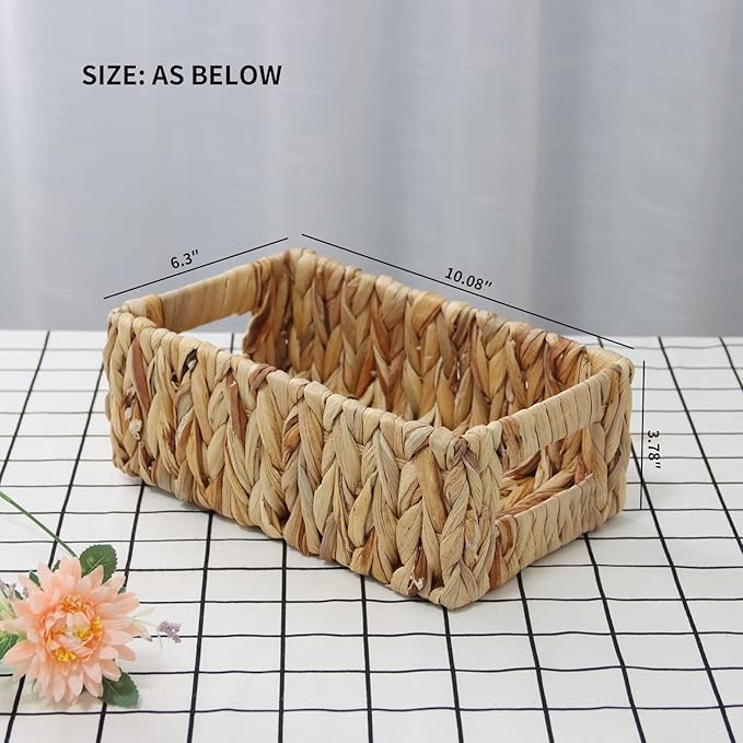 YAHUAN Woven Water Hyacinth Baskets for Organizing, Rectangular Wicker Baskets with Built-in Handles, Small Storage Baskets for Shelves (Water Hyacinth 1-Pack)