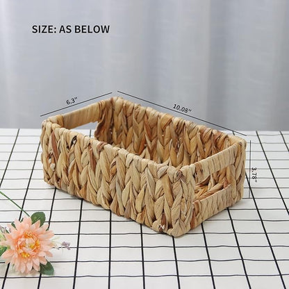 YAHUAN Woven Water Hyacinth Baskets for Organizing, Rectangular Wicker Baskets with Built-in Handles, Small Storage Baskets for Shelves (Water Hyacinth 1-Pack)