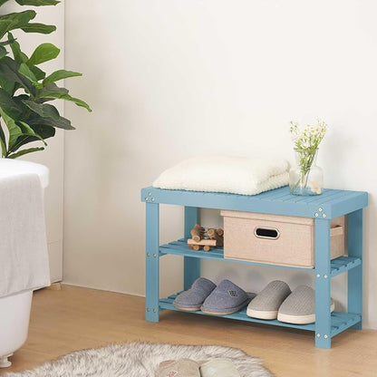 Apicizon Bamboo Shoe Rack for Entryway, 3-Tier Shoe Rack Bench for Front Indoor Entrance, Small Shoe Organizer with Storage, Blue