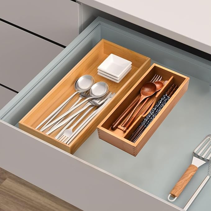 Chopsticks Storage Box with Lid - Bamboo Silverware Storage Utensil Drawer Organizer - Japanese Chopsticks Boxes with Lid - Cutlery Box Utensil Holder Container for Home Kitchen