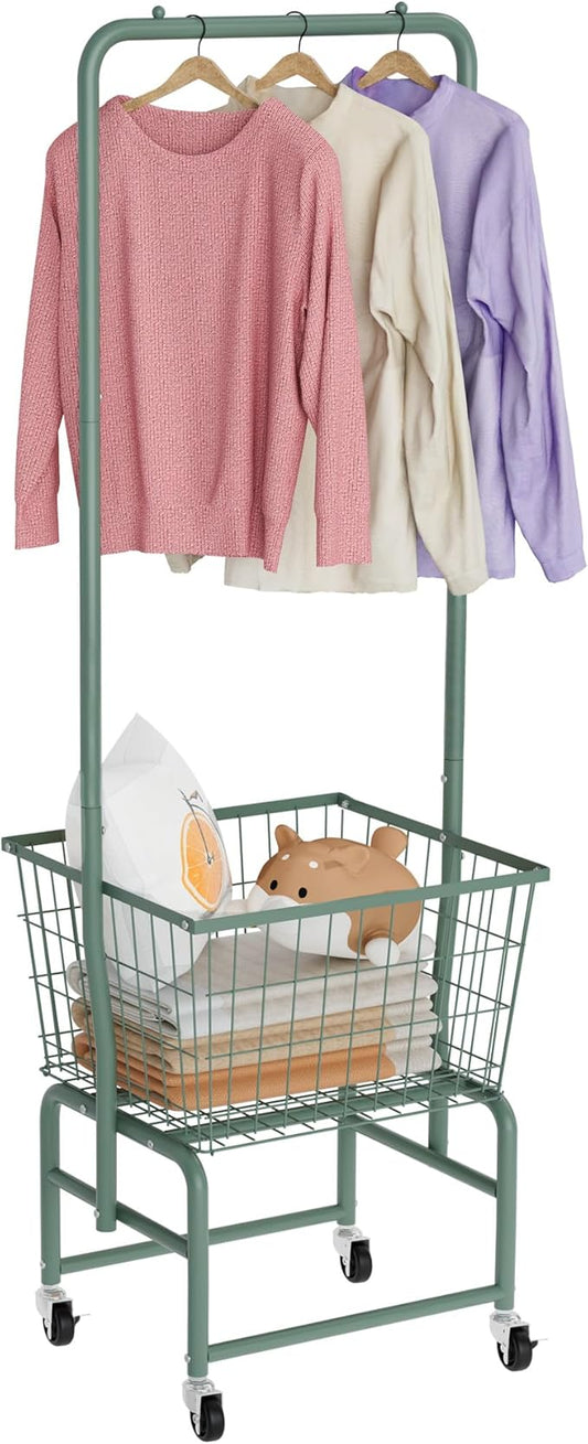 Rolling Laundry Cart with Wheels, Laundry Hamper Basket Organizer with Clothes Hanging Rack, Wire Storage Cloth Shelf Butler, Green