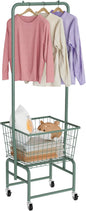 Rolling Laundry Cart with Wheels, Laundry Hamper Basket Organizer with Clothes Hanging Rack, Wire Storage Cloth Shelf Butler, Green