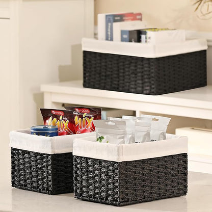 Vagusicc Storage Basket, 3-Pack Woven Paper Rope Wicker Baskets for Storage with Handles, 15 Inches Large Cube Storage Bins Woven Storage Baskets with Liners for Shelves Organizing & Decor, Black